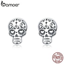 Hentic 925 sterling silver gothic cool skull stud earrings for women and men silver 925 thumb200