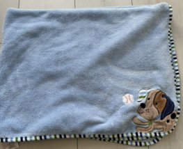 Garanimals Blue Baby Blanket Embroidered Dog BaseBall Stripe Trim Securi... - £39.56 GBP