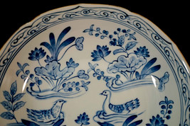 Blue &amp; White Hand Decorated Asian Bowl with Swimming Birds &amp; Flowers Signed - $64.99