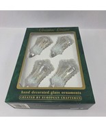 4 CHRISTMAS GLASS ORNAMENTS Hand Decorated European Bell Clear Silver Box - $16.73
