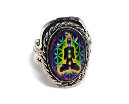 Mia Jewel Shop Chakra Small Oval Adjustable Ring Acrylic Graphic Cabochon Silver - £14.91 GBP