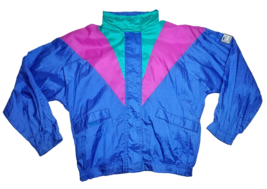 Vtg Retro Jacket Womens L Color Block Green Blue Pink ULTIMATE 80&#39;s Hipora Korea - £22.41 GBP