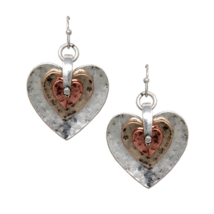 Hammered Triple Heart Tri Tone Dangle Earrings Silver Gold Copper - $13.24