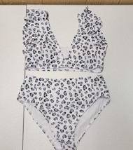 2 Piece Black &amp; White Leopard Print Cap Style Sleeve Bikini sz M - £15.55 GBP