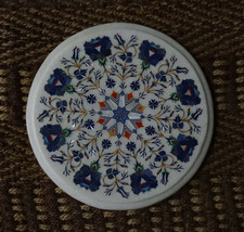 12&quot; Round Coffee Table Top Lapis Inlaid Floral Design Marquetry Home Mosaic Arts - £234.10 GBP