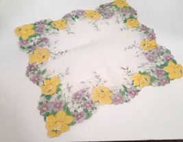 Bright Purple Yellow Floral Vintage Handkerchief Hanky Flower Scallop Border 12” - £18.24 GBP