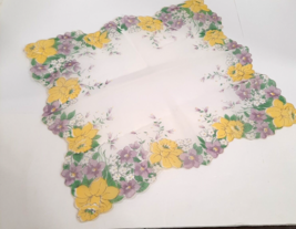 Bright Purple Yellow Floral Vintage Handkerchief Hanky Flower Scallop Border 12” - £18.55 GBP