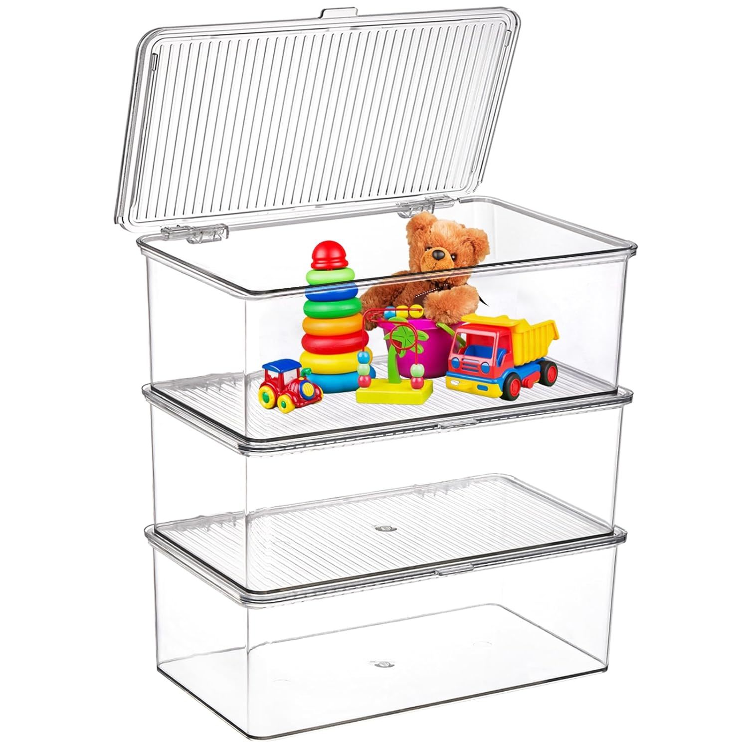 Set Of 3 Small Stackable Storage Bins With Hinged Lid, Acrylic Organizer Box, Cl