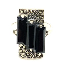 Vtg Signed Sterling Silver Art Deco Baguette Black Onyx Marcasite Ring sz 7 3/4 - £38.68 GBP