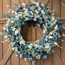 20 Inch Spring Wreath Blue With Green Leaves Daisy Artificial Grains Whi... - $51.99