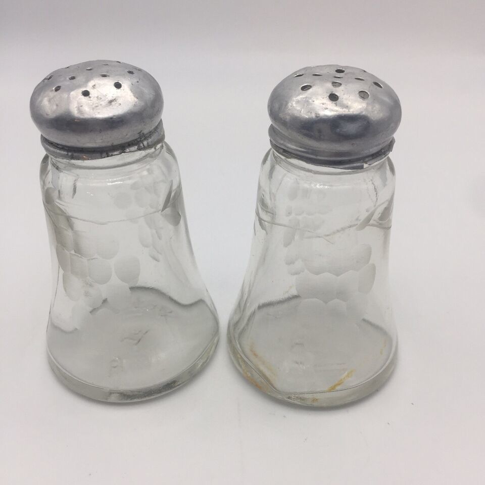 Depression Glass Hazel Atlas Salt & Pepper Shakers Etched Grapes w/aluminum lids - $19.80