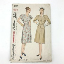 Vintage 1940s Simplicity Sewing Pattern 1650 2 Piece Belted Dress Bust 34 WW2 PT - £10.02 GBP