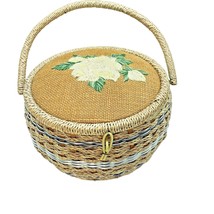 Wicker Sewing Basket Embroidery Yellow Flower Farmhouse Rustic Country V... - $18.95