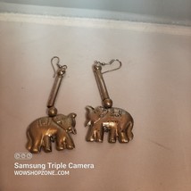 Vintage Lucky Trunk Up Elephant Earrings Dangle Drop Lg 2 Side Thai Silver Gold - £38.04 GBP