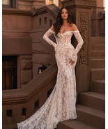 Trendy Mermaid Off-Shoulder Neckline &amp; Long Sleeves, Floral Lace Bridal ... - $549.00