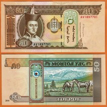 MONGOLIA 2016 UNC 50 Tögrög Tugrik Banknote P- 64d, Sukhe Bataar. Horses - $1.00