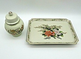 Vintage Japanese Ginger Jar and Tray Set Oriental Asian Decor Floral Crazing - £15.34 GBP