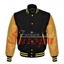 Original American Varsity Real Leather Letterman College Black Wool Jacket - £69.29 GBP