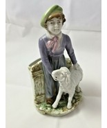 Majolica Art Nouveau Porcelain Lamb Boy Purple Vase Figurine - £78.55 GBP