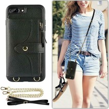 iPhone 8-7 Plus Wallet Case Leather Crossbody Stand Purse Zipper Pocket Black - £40.99 GBP