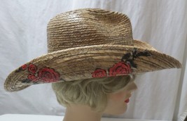 Scala Hand Made Vtg Style Palm Fiber Western Cowgirl Hat Painted Roses Sz 7.5 - £31.46 GBP
