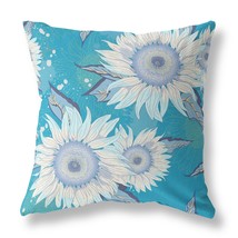 18&quot; Aqua White Sunflower Indoor Outdoor Zippered Throw Pillow - £55.50 GBP