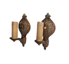 Art Nouveau Pair Wall Sconce Light Fixtures Cast Iron Polychrome Read* - $193.05