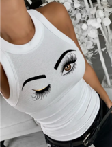 Women&#39;s Ribbed Tank Top Eye Print Lashes Graphic O Neck Tunic Cami Top S... - £9.73 GBP