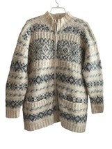 Vintage Hand Knit Wool Mohair Cardigan Sweater Size Medium Fair Isle Snowflake - £39.59 GBP