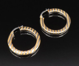 14K GOLD - Vintage Two Tone Linear Textured Striped Hoop Earrings - GE194 - £349.40 GBP