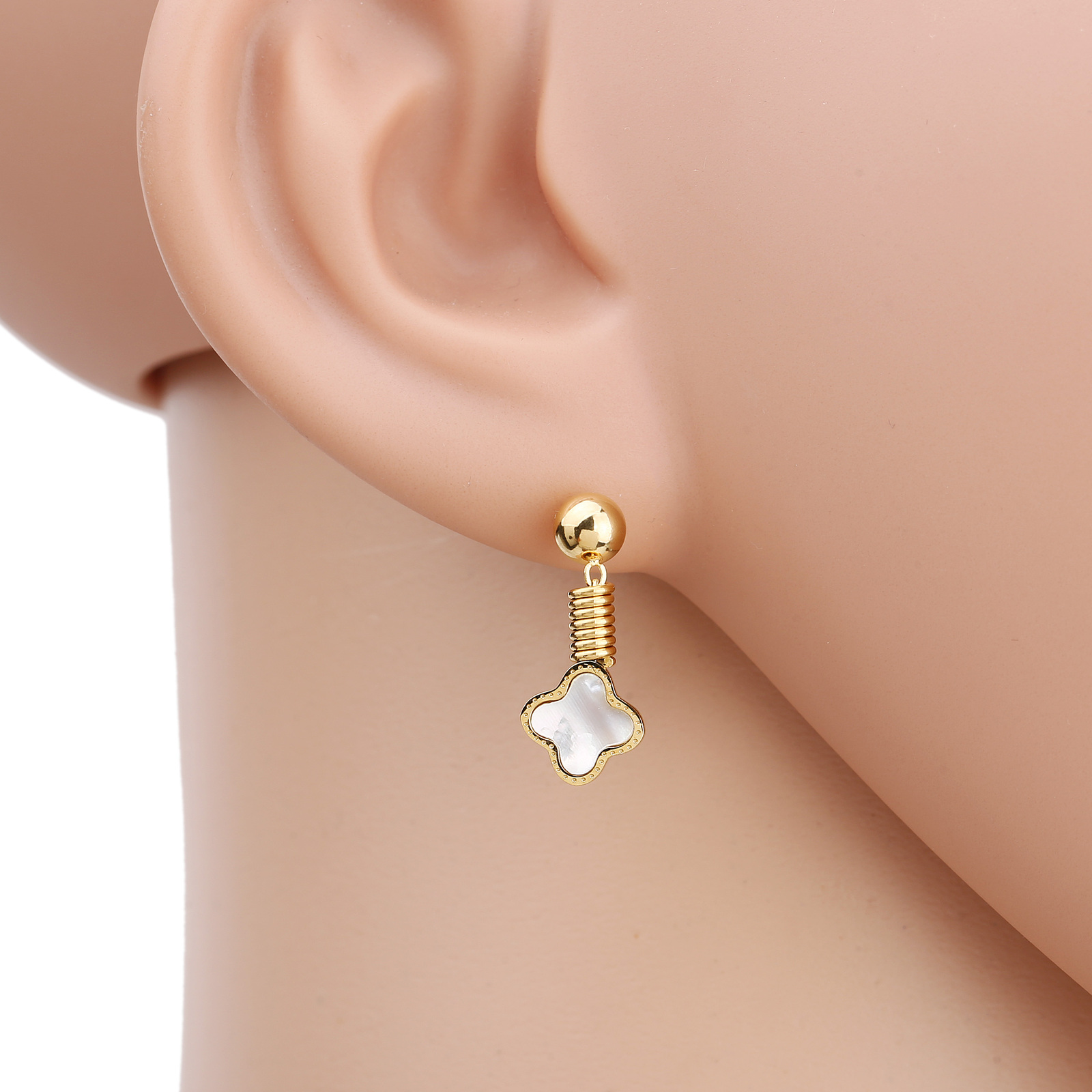 Petite Gold Tone Clover Earrings With Faux Mother of Pearl Inlay - $22.99