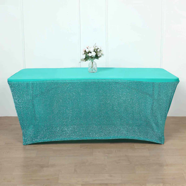 Turquoise- 6ft Table CoverRuffled Metallic Spandex Plain Top Indoor &amp; Ou... - £41.41 GBP
