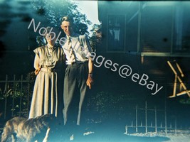 1940s Young Couple Posing for Picture Outside of Home Kodachrome 35mm Slide - £4.35 GBP