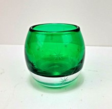Emerald Green Glass Votive Candle Holder Cut Etched Stars Made in Poland 3 3/4&quot;  - £7.23 GBP