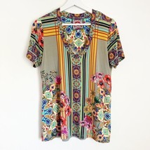 Johnny Was Hunter Favorite Short Sleeve V-neck Shirt Top Floral Green Yellow M - £38.10 GBP