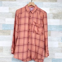 Free People Linen No Limit Shirt Orange Plaid Longline Relaxed Fit Womens Medium - £32.32 GBP