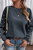 Dark Grey Bead Studded Sleeve Corded Drop Shoulder Sweatshirt - $19.73