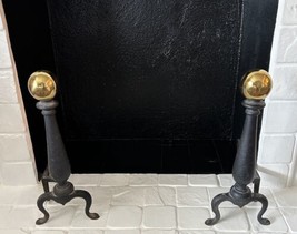 Vintage Brass Ball Fireplace Andirons Cannonball Victorian Style - $140.29