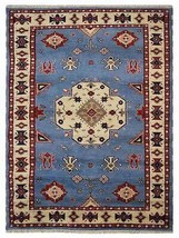 8 x 10 ft. Hand Knotted Afghan Wool &amp; Silk Kazak Rectangle Area Rug, Blue &amp;  - £572.32 GBP