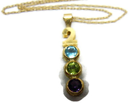 10kt 18&quot; Y Gold 2000 Pendant Aquamarine Peridot Amethyst Multi 3 Stone Necklace - £158.26 GBP