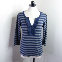 Van Heusen Women&#39;s S Blue Gray Striped Ruffle Long Sleeve Stretch Cotton... - £3.98 GBP