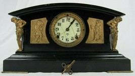 Antique Cast Iron Clock Rare Ansonia Antique Mantel Key Figural Cherub Porcelain - £296.37 GBP