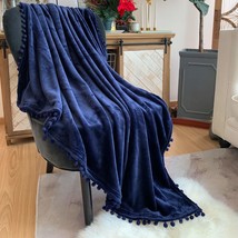 Flannel Blanket With Pompom Fringe Lightweight Bed Blanket Soft Throw Blanket Fi - £34.47 GBP