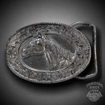 Vintage Belt Buckle 1985 Horse Head Oval Embossed Silver-Tone Siskiyou Buckle - £23.34 GBP