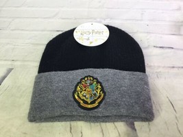 Harry Potter Hogwarts Crest Logo Black Gray Ribbed Knit Cuff Beanie Hat Cap OSFM - £16.41 GBP