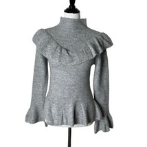 Cliche Peplum Bell Sleeve Sweater Ruffle Gray High Neck Knit Women Size Small - £20.87 GBP