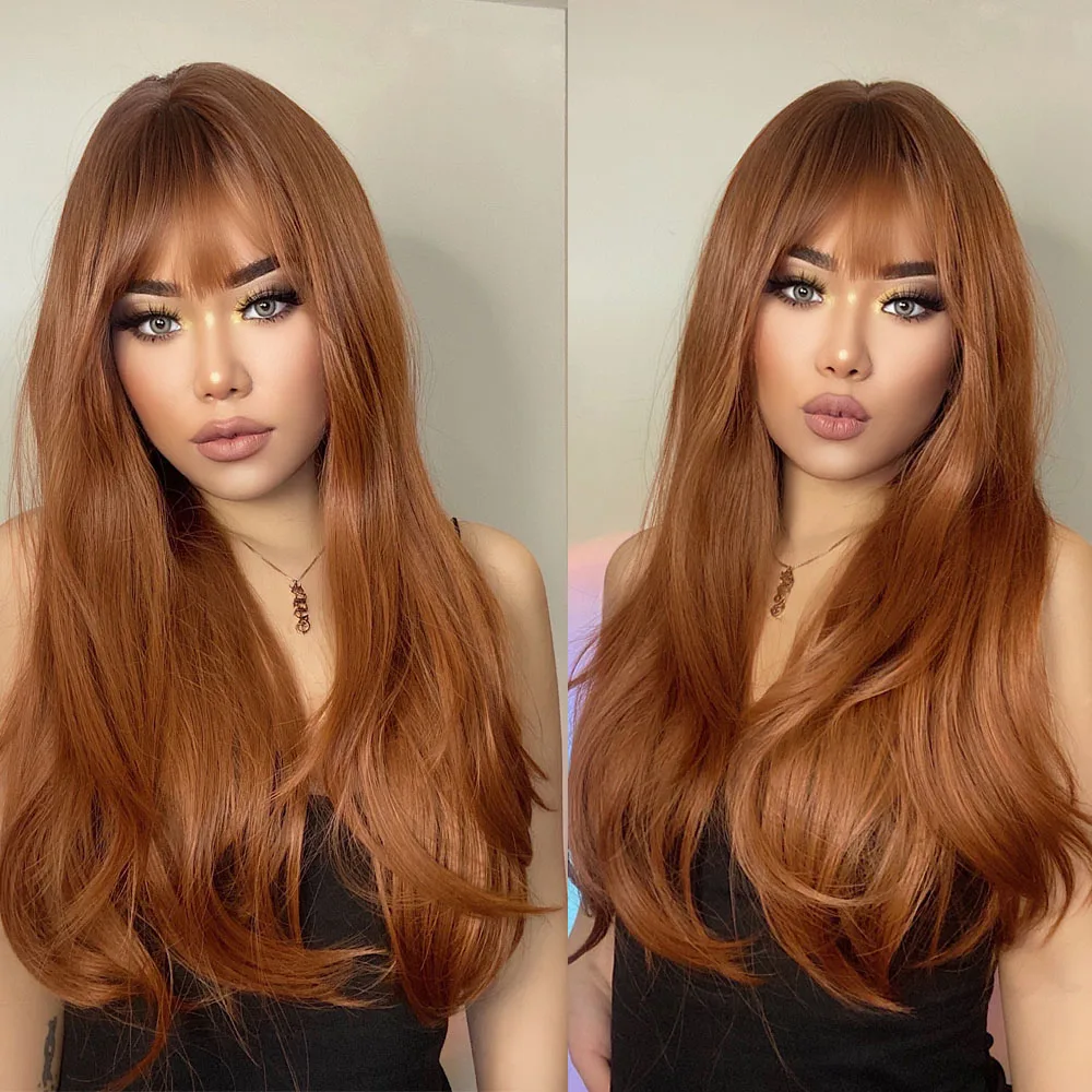 HENRY MARGU Long Straight Synthetic Wigs with Bangs Brown Red Copper Ginger - £20.59 GBP+