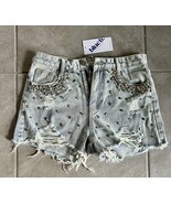 Blue B High Rise Light Wash Denim Rhinestone Fringe Shorts Size Medium New - $14.80