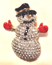 Snowman Brooch Pin Rhinestones Enamel Gold Tone Setting Christmas Winter - £17.99 GBP