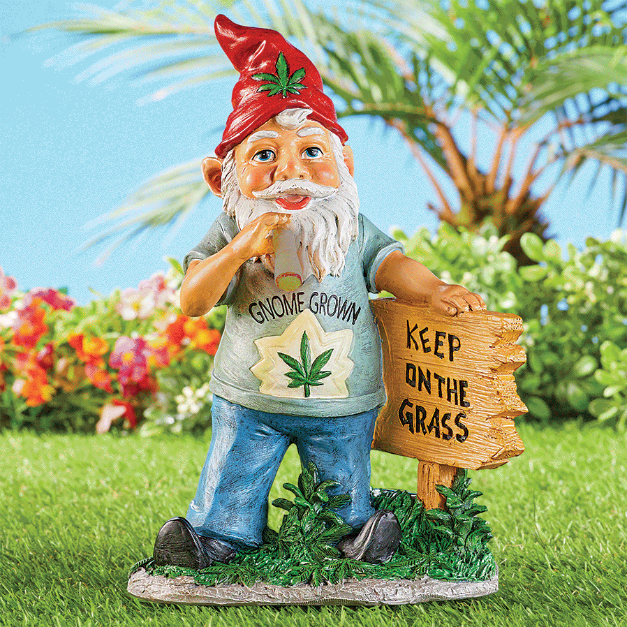 Solar Lighted Keep On The Grass Blazing Weed Pot Smoking Gnome Garden St... - $27.85